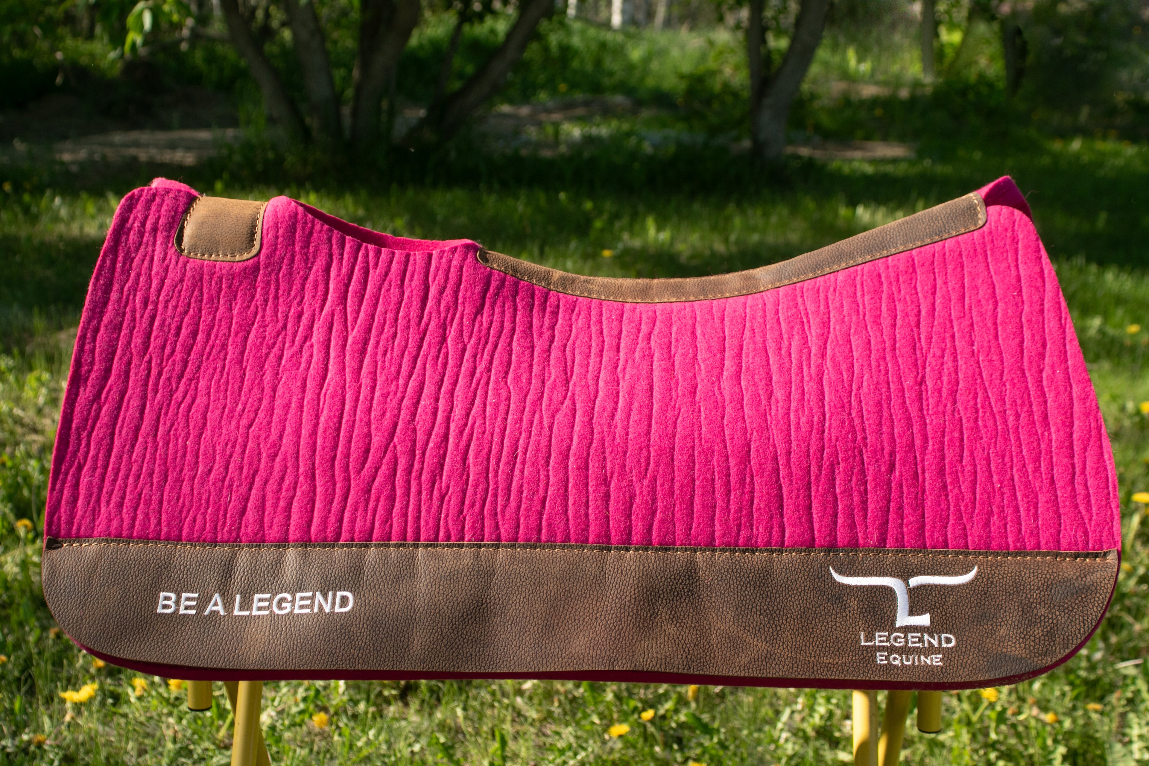 Hot pink and brown saddle pad with 'Be a Legend' branding