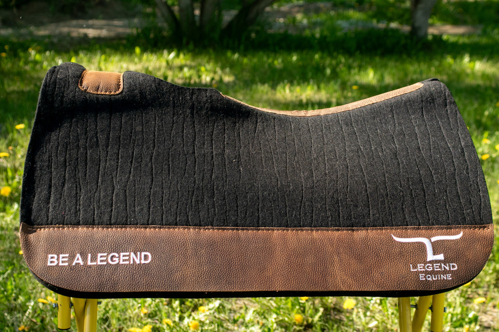 Black Legend Equine saddle pad with brown wear leathers saddle pad with 'Be a Legend' branding