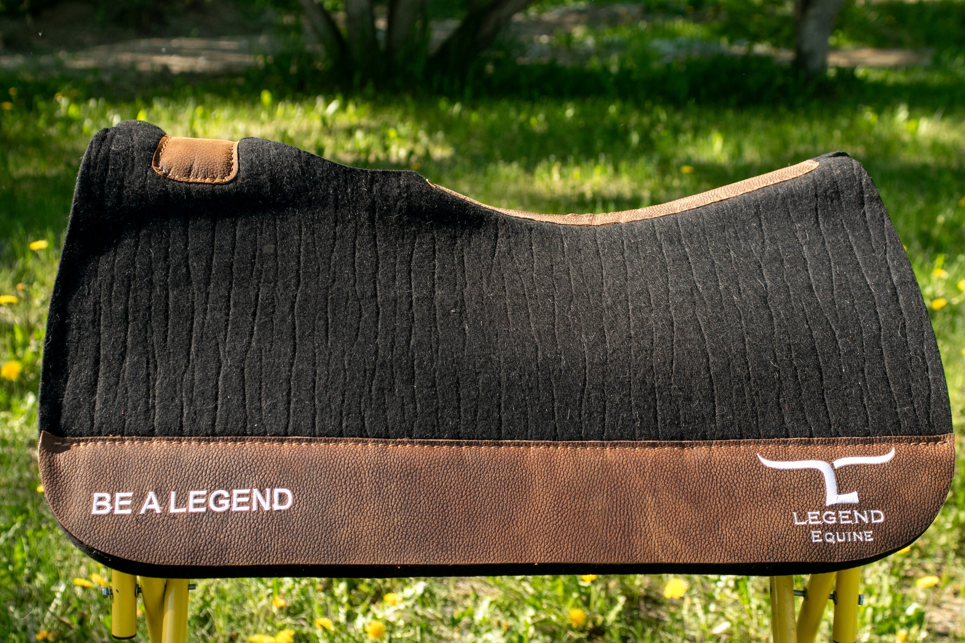 Black Legend Equine saddle pad with brown wear leathers saddle pad with 'Be a Legend' branding